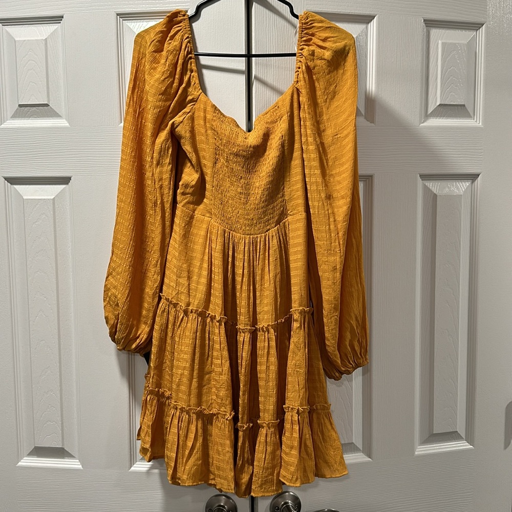 NWT- LULUs Tender Memories Yellow Tiered Ruffled Balloon Sleeve Mini Dress. L - Picture 9 of 13